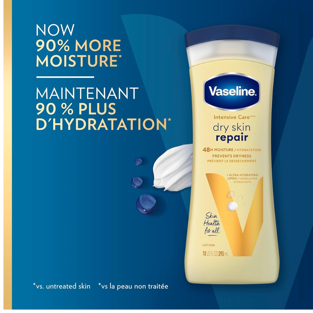 Vaseline Intensive Care Body Lotion for dry skin with ultra-hydrating lipids, 400 ml bottle, moisturizing and repairing skin.