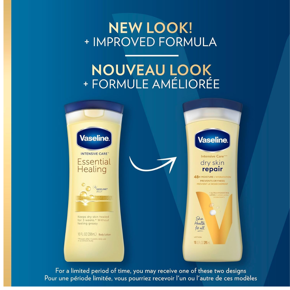 Vaseline Intensive Care Body Lotion for dry skin, 400ml bottle, featuring ultra-hydrating lipids for deep moisture repair.