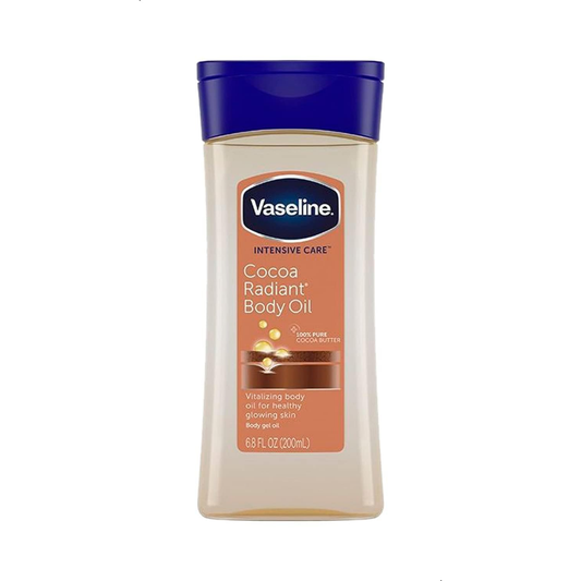 Vaseline Intensive Care Cocoa Radiant Body Oil with pure cocoa butter in a 200 ml bottle, moisturizing and nourishing skin.