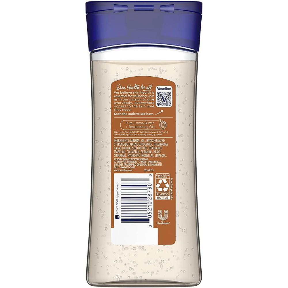 Vaseline Intensive Care Cocoa Radiant Body Oil with pure cocoa butter in a 200ml bottle, showcasing the nourishing body care product.