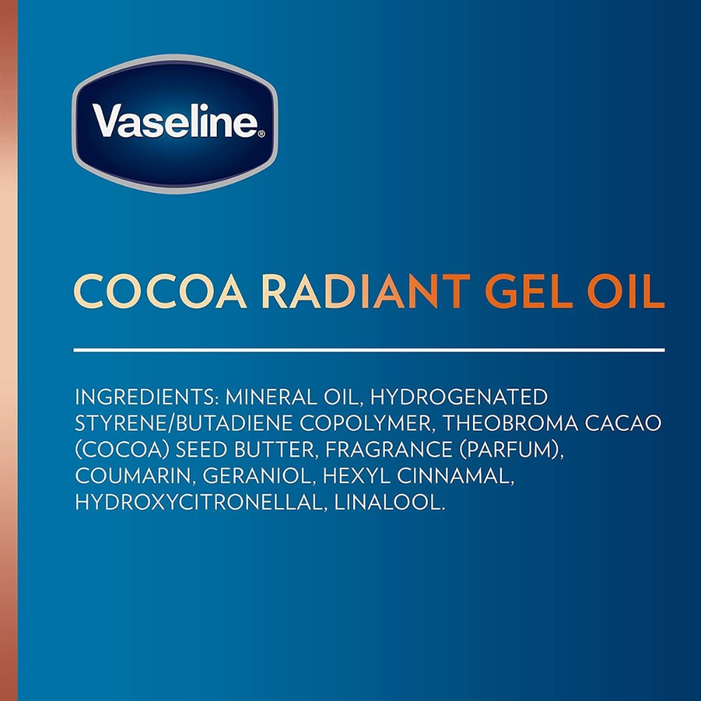 Vaseline Intensive Care Cocoa Radiant Body Oil with pure cocoa butter in a 200 ml bottle, featuring a brown and gold packaging design.