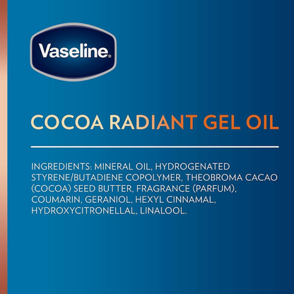 Vaseline Intensive Care Cocoa Radiant Body Oil with pure cocoa butter in a 200 ml bottle, featuring a brown and gold packaging design.