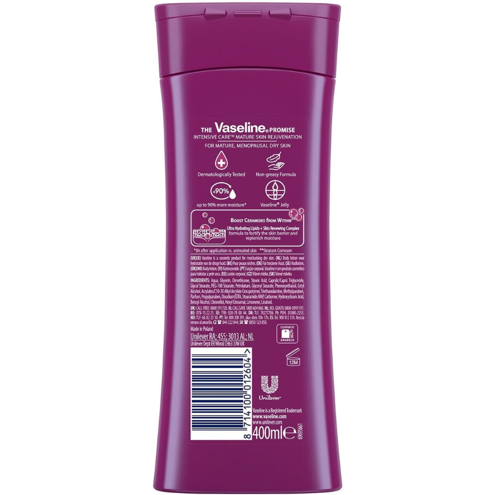 Vaseline Intensive Care Mature Skin Rejuvenation Body Lotion in a 400ml bottle, designed for nourishing and revitalizing mature skin.