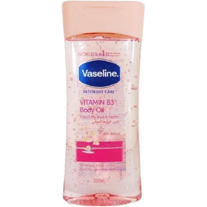 Vaseline Intensive Care Vitamin B3 Body Oil in 200ml bottle, moisturizing body care product with nourishing oil for smooth skin.