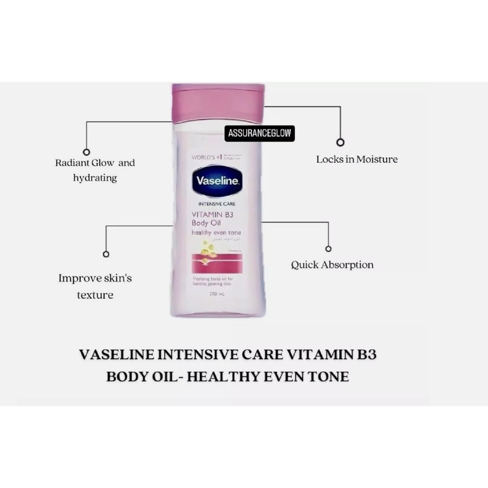Vaseline Intensive Care Vitamin B3 Body Oil 200ml bottle, moisturizing body care product with nourishing ingredients.