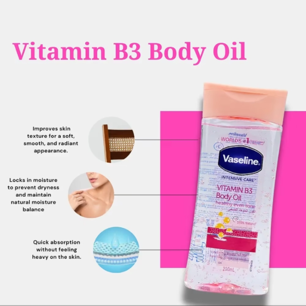 Vaseline Intensive Care Vitamin B3 Body Oil in a 200ml bottle, designed for nourishing and moisturizing skin.