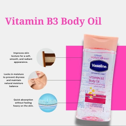 Vaseline Intensive Care Vitamin B3 Body Oil in a 200ml bottle, designed for nourishing and moisturizing skin.