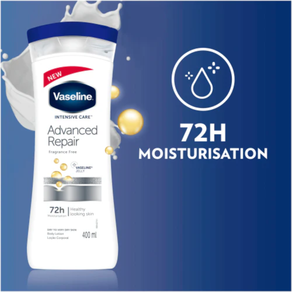 Vaseline Advanced Repair body lotion bottle, 400ml, with smooth, moisturizing formula for dry skin care.