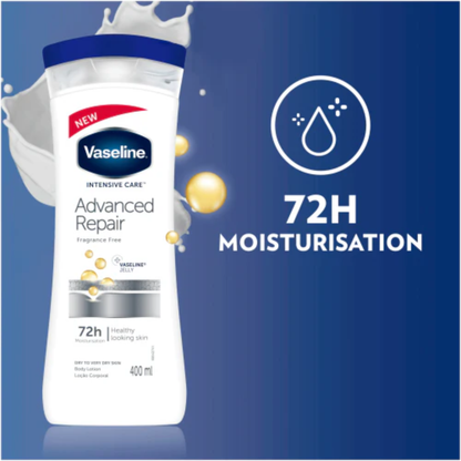Vaseline Advanced Repair body lotion bottle, 400ml, with smooth, moisturizing formula for dry skin care.