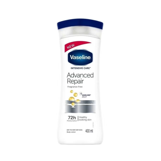 Vaseline Advanced Repair Body Lotion 400ml bottle, smooth and hydrating skincare product for dry skin relief.