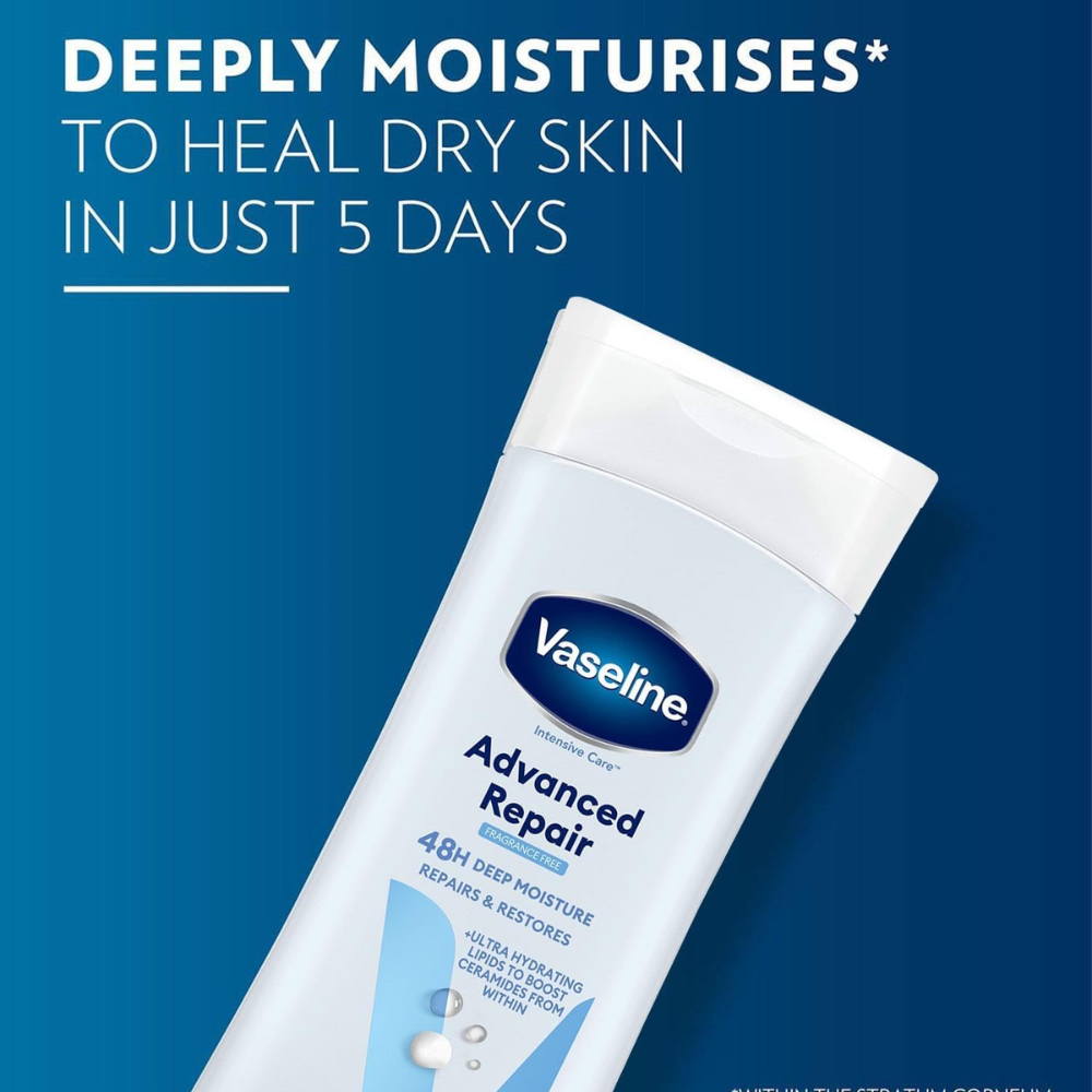 Vaseline Advanced Repair Body Lotion 400ml bottle, smooth and hydrating skin care product with creamy texture and pump dispenser.