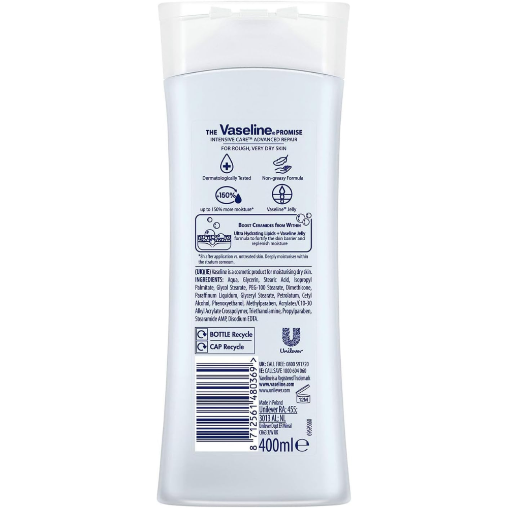 Vaseline Advanced Repair body lotion in a 400 ml bottle, smooth and nourishing skin care product.