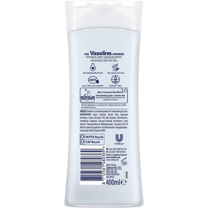 Vaseline Advanced Repair body lotion in a 400 ml bottle, smooth and nourishing skin care product.