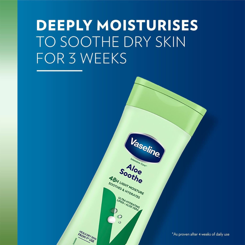 Vaseline Intensive Care Aloe Vera body lotion in a 400ML bottle, with green aloe vera design on the label.