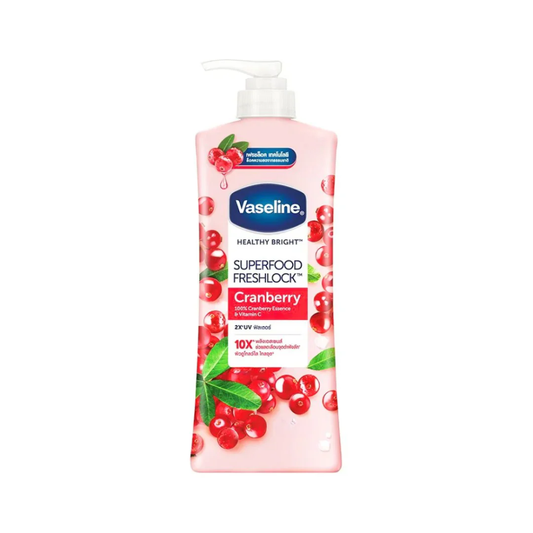 Vaseline Super Food Freshlock Cranberry Body Lotion 500ml bottle with cranberry fruit and lotion texture visible.