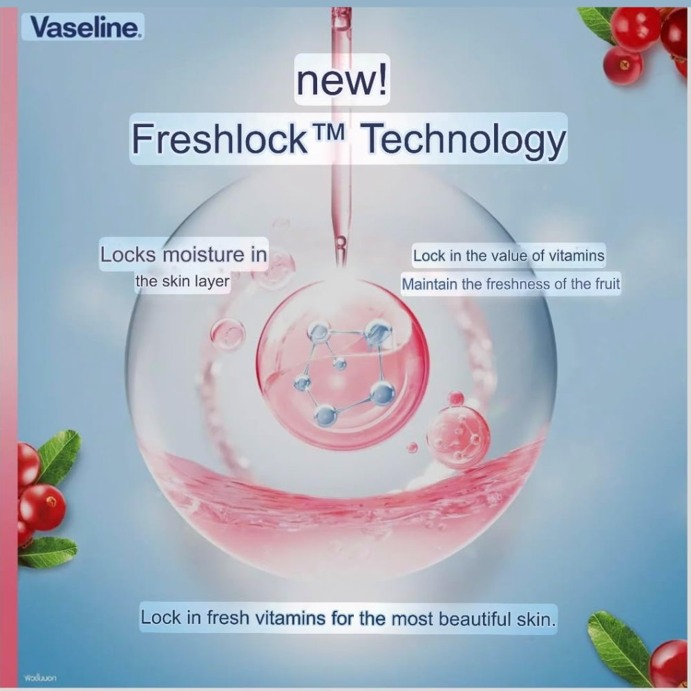 Vaseline Super Food Freshlock Cranberry Body Lotion 500ml bottle with cranberry extract and moisturizing formula.