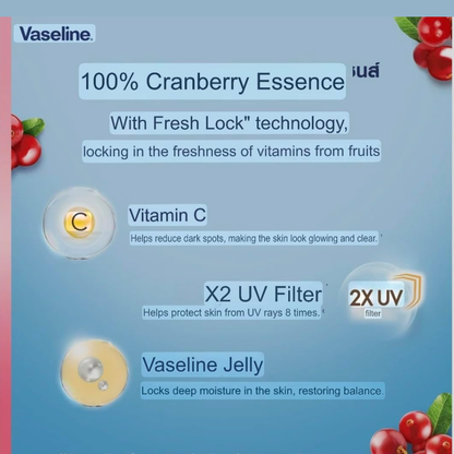 Vaseline Super Food Freshlock Cranberry Body Lotion 500ml bottle with cranberry extract and moisturizing formula.