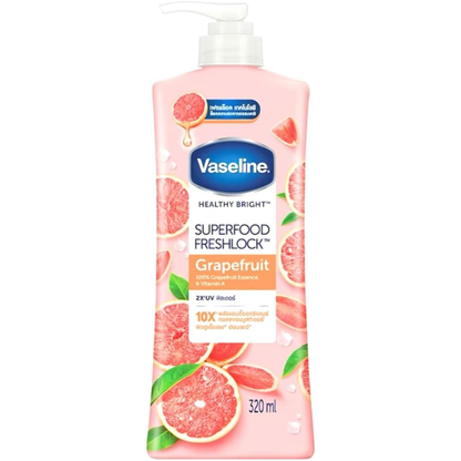 Vaseline Superfood Freshlock Grapefruit Body Lotion 500ml bottle with grapefruit illustration, showcasing hydrating body care.
