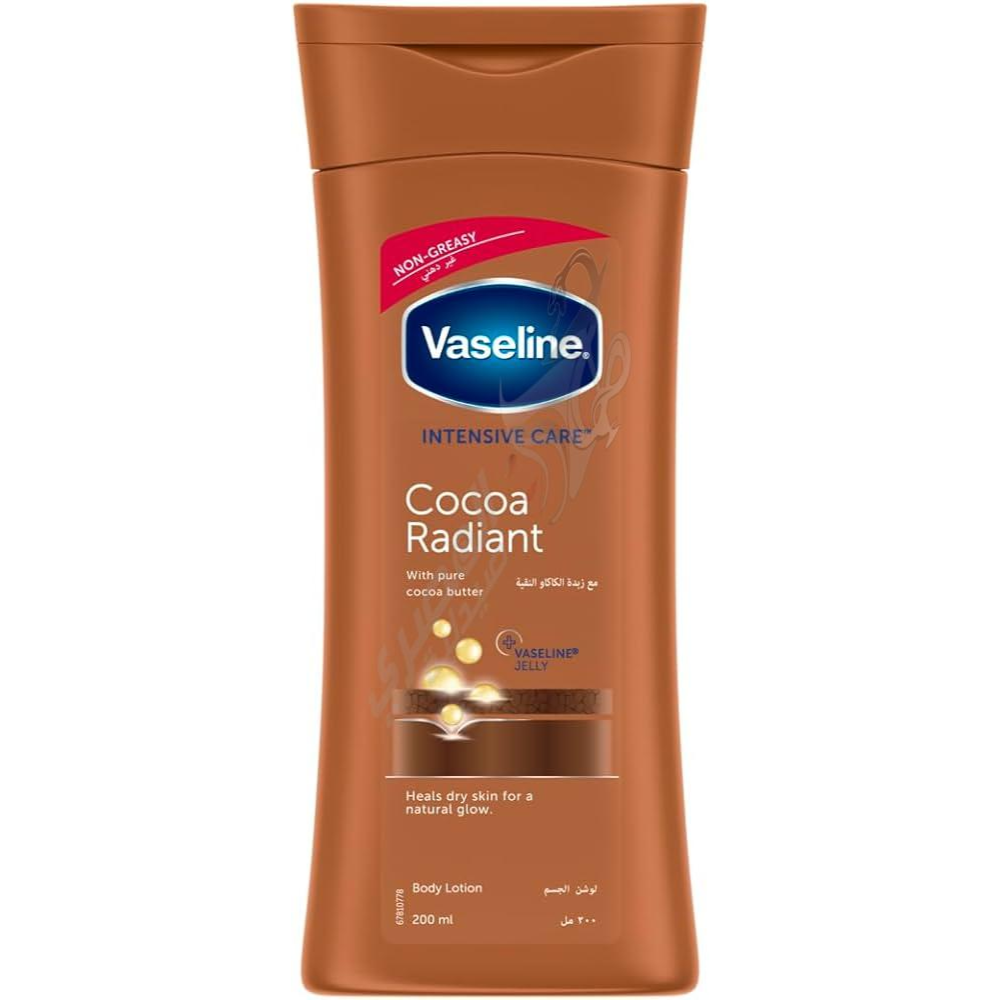 Vaseline Intensive Care Cocoa Radiant body lotion with 100% pure cocoa butter for natural glow, 200ml bottle.