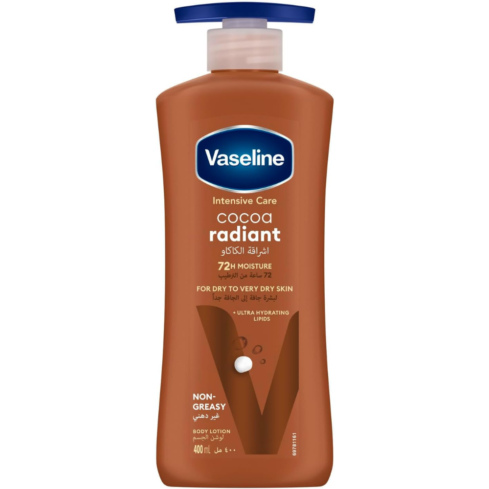 Vaseline Intensive Care Cocoa Radiant body lotion with pure cocoa butter for natural glow, 400ml bottle.