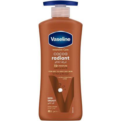 Vaseline Intensive Care Cocoa Radiant body lotion with pure cocoa butter for natural glow, 400ml bottle.