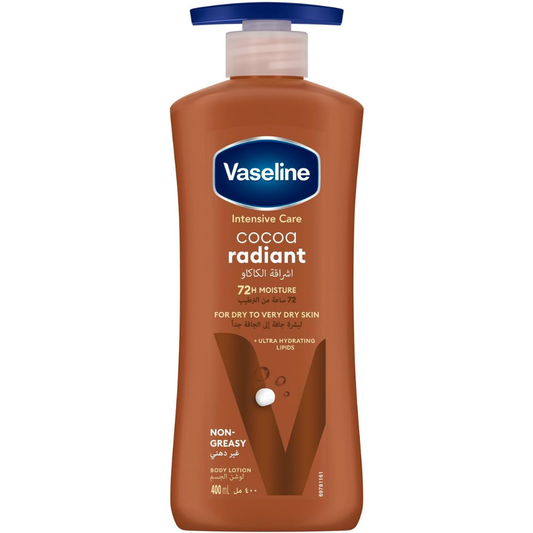 Vaseline Intensive Care Cocoa Radiant body lotion with pure cocoa butter for natural glow, 400ml bottle.
