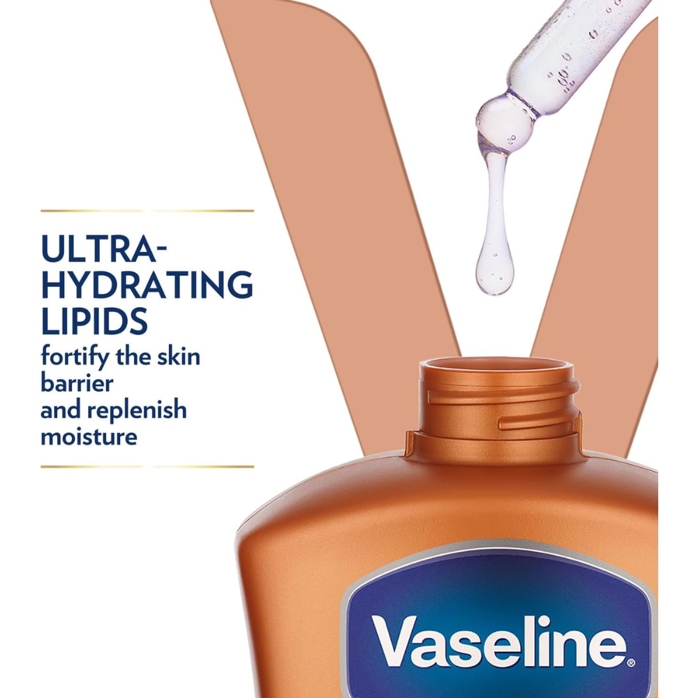 Vaseline Intensive Care Cocoa Radiant body lotion with 100% pure cocoa butter for a natural glow, shown in a pump bottle.