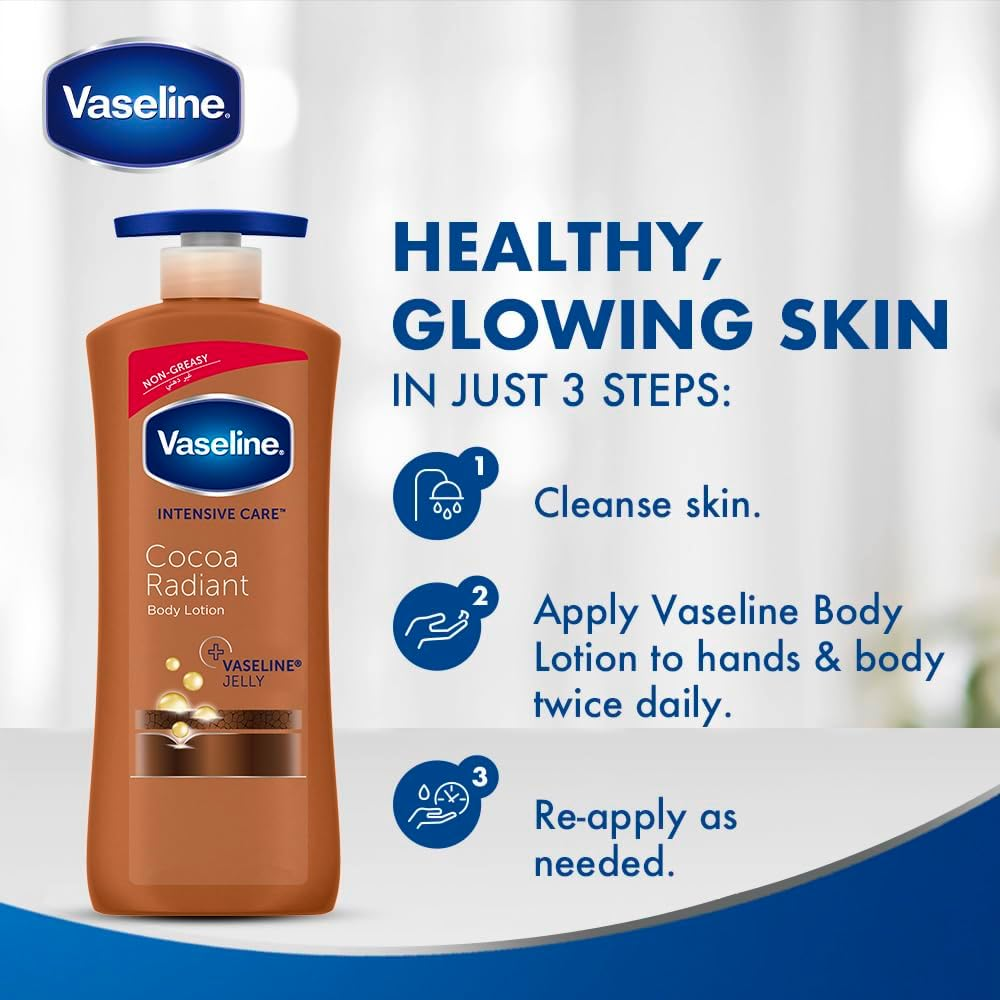 Vaseline Intensive Care Cocoa Radiant lotion with 100% pure cocoa butter for nourishing skin and a natural glow.