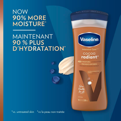 Vaseline Intensive Care Cocoa Radiant body lotion with pure cocoa butter for natural skin glow, shown in a pump bottle.