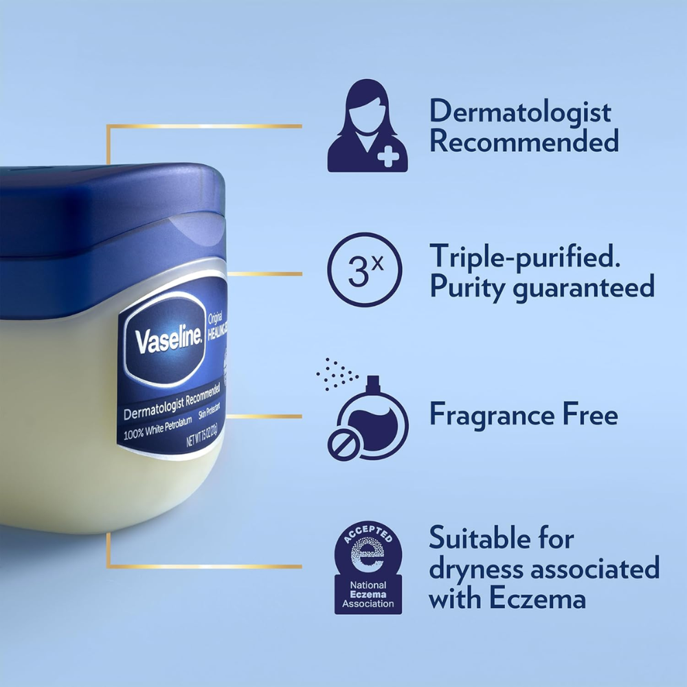 Vaseline petroleum jelly original for body care, showing a jar of Vaseline petroleum jelly on a clean surface.