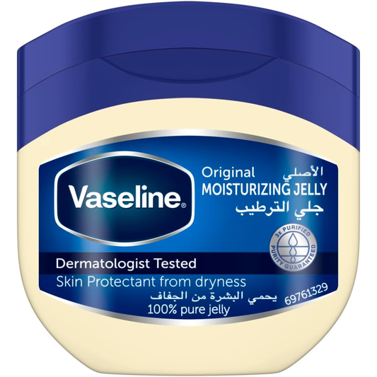 Vaseline petroleum jelly original for body care, showing a jar of Vaseline Vaseline petroleum jelly on a white background.