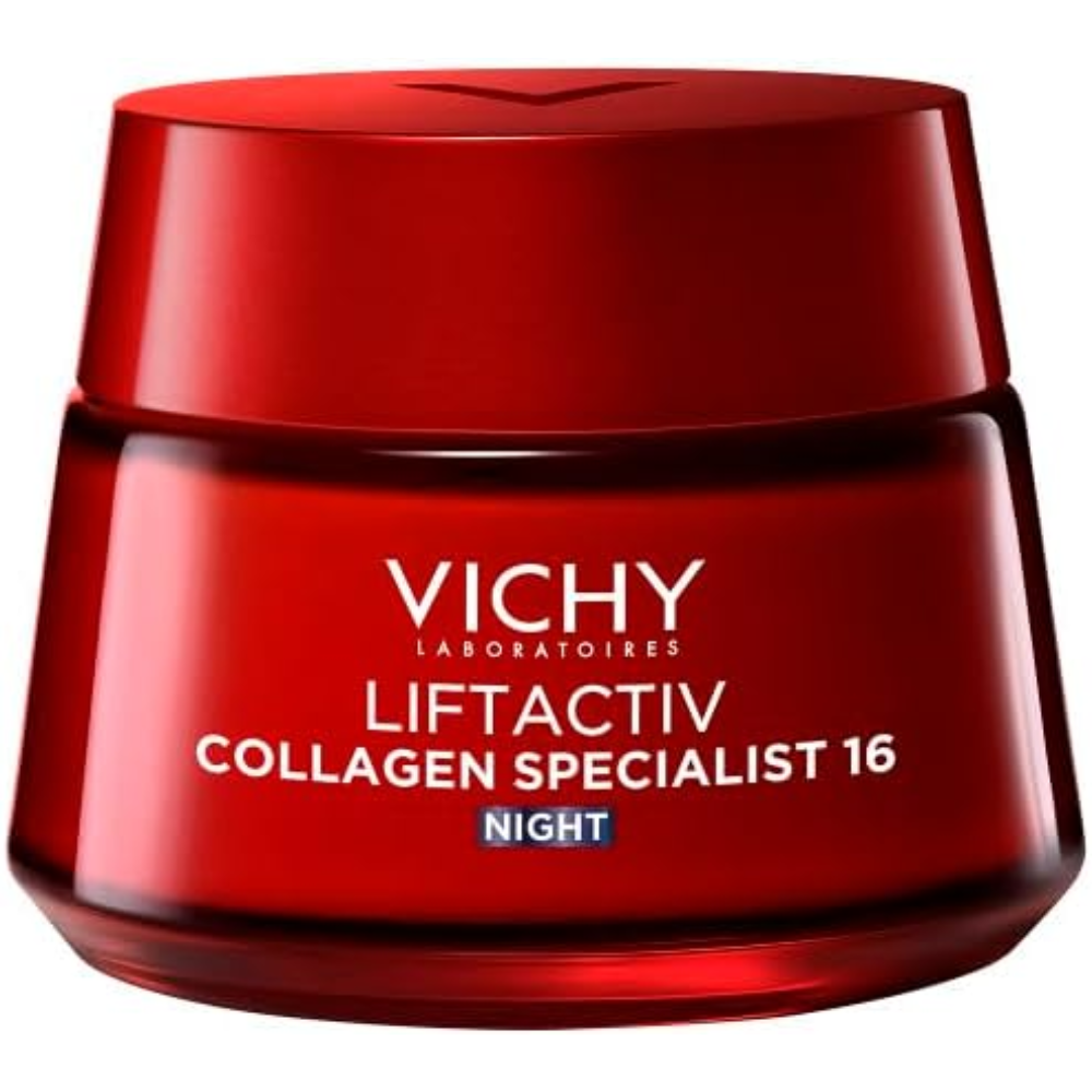 Vichy LiftActiv Collagen Specialist Night facial cream in a 50ml jar, designed for anti-aging skincare and skin firmness.