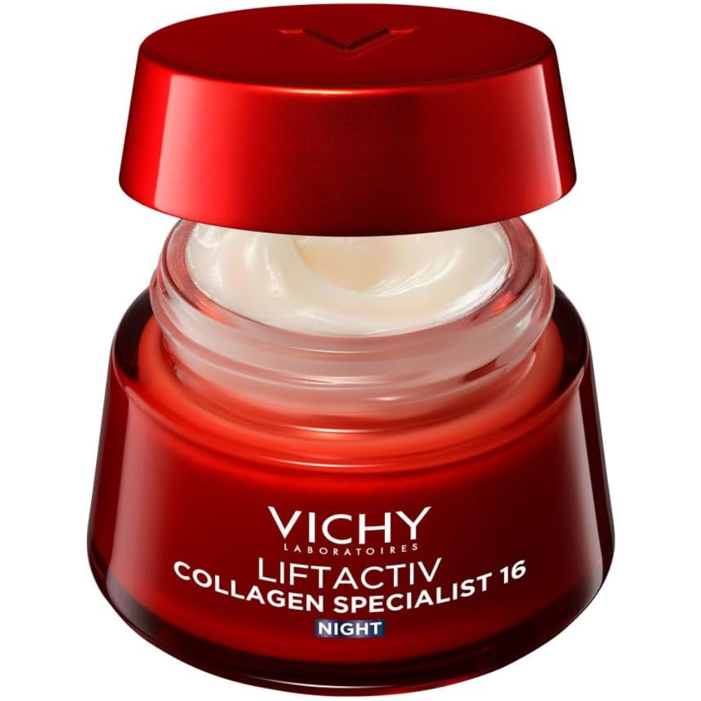 Vichy LiftActiv Collagen Specialist Night facial care cream jar with white lid and label, designed for skin rejuvenation.