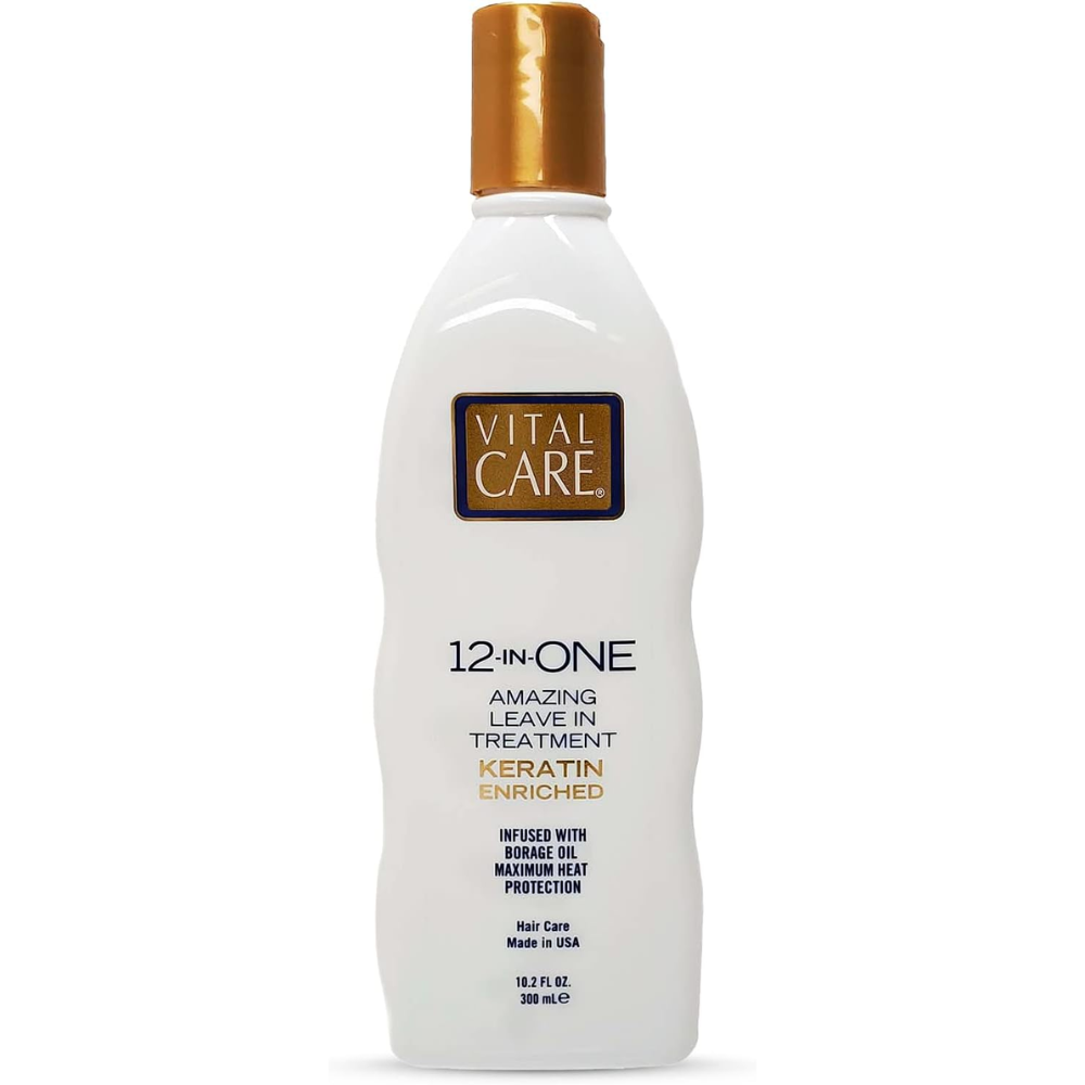 Vital Care 12-in-One leave-in keratin enriched hair treatment in a 300ml bottle, designed to nourish and repair hair.