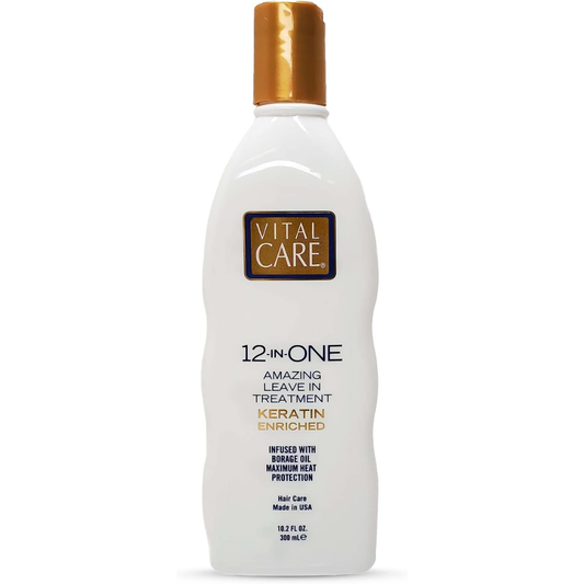 Vital Care 12-in-One leave-in keratin enriched hair treatment in a 300ml bottle, designed to nourish and repair hair.