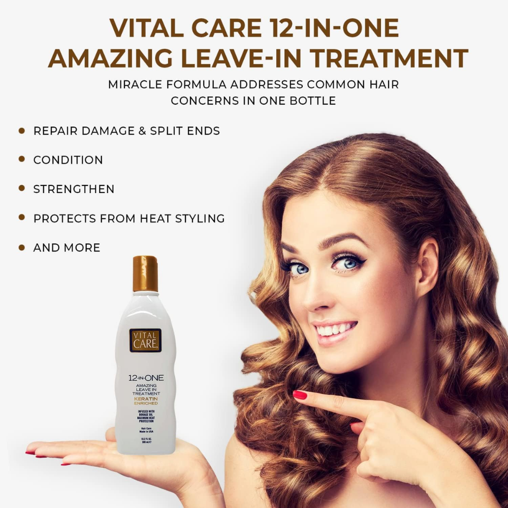 Vital Care 12-in-1 leave-in keratin hair treatment in a 300ml bottle, showcasing the enriched formula and sleek packaging.