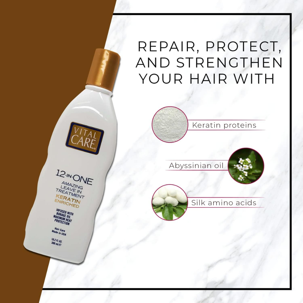 Vital Care 12-in-1 leave-in keratin treatment bottle, nourishing hair care product in a 300ml container.