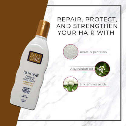 Vital Care 12-in-1 leave-in keratin treatment bottle, nourishing hair care product in a 300ml container.