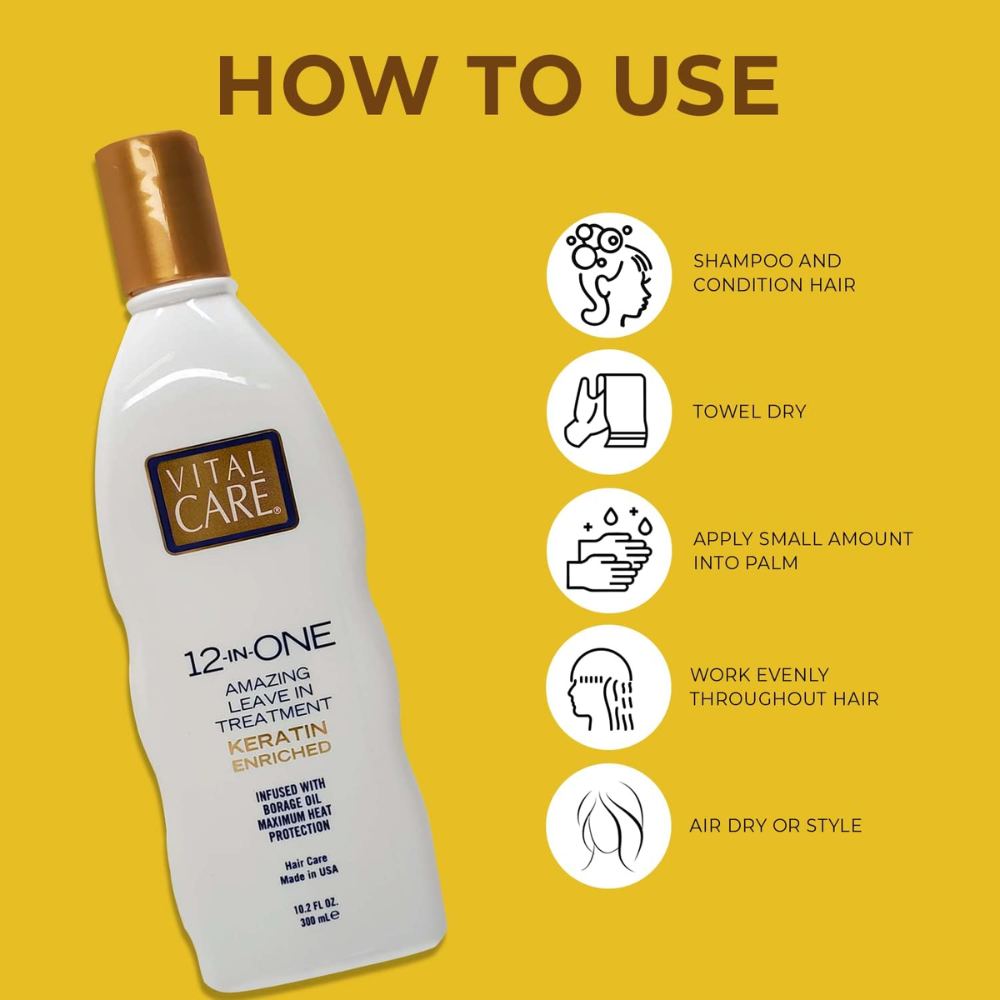 Vital Care 12-in-1 leave-in keratin treatment for hair, 300ml bottle with a sleek white and purple design.