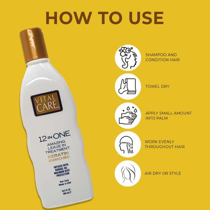 Vital Care 12-in-1 leave-in keratin treatment for hair, 300ml bottle with a sleek white and purple design.