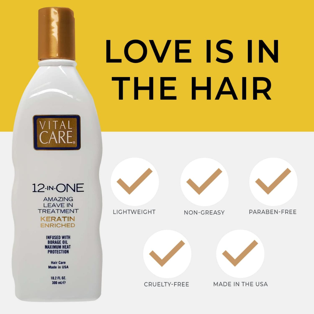 Vital Care 12-in-1 leave-in keratin treatment bottle, 300ml, for hair repair and nourishment.