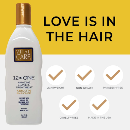 Vital Care 12-in-1 leave-in keratin treatment bottle, 300ml, for hair repair and nourishment.