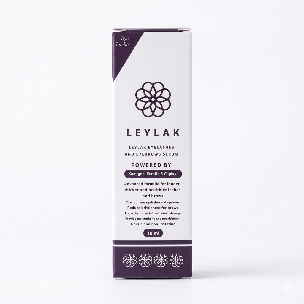 Leylak eyelash and eyebrow serum in a 10ml bottle, facial care product for enhancing lash and brow growth.