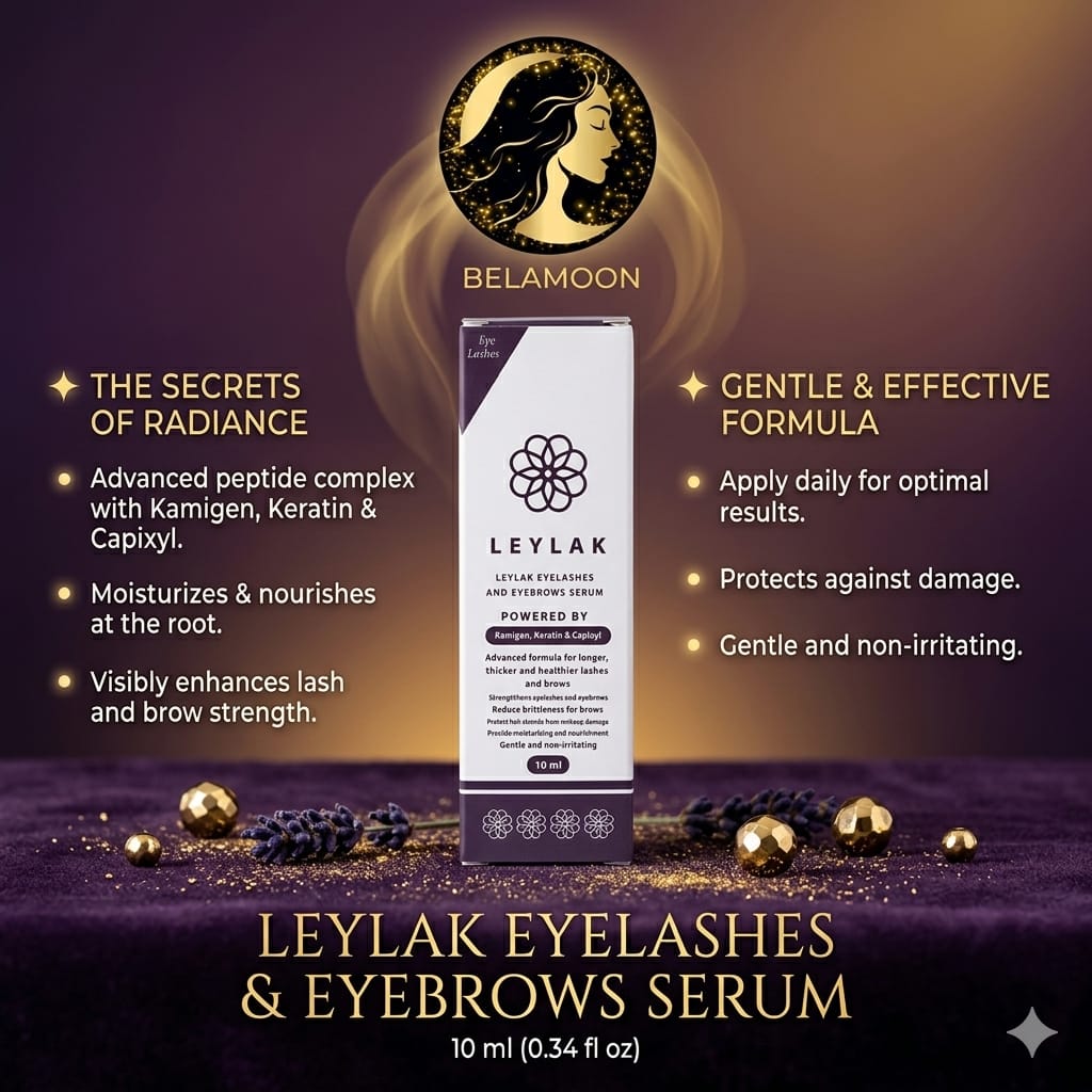 Leylak eyelash and eyebrow serum in a 10ml bottle, facial care product for enhancing lash and brow growth.