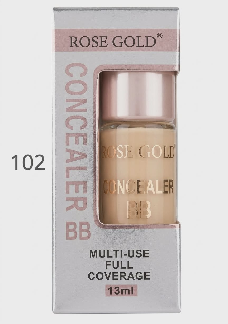 Rose Gold BB Concealer in 13ml, full coverage makeup product with a sleek rose gold tube, designed for multi-use skin concealment.