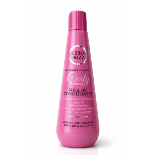 Zero Frizz Curly Defining Shea Oil Conditioner 355ml bottle with pump for smooth, frizz-free curly hair care.