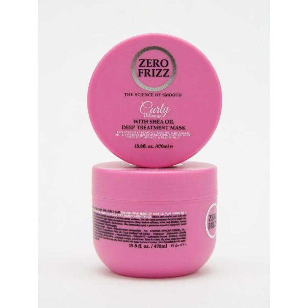 Zero Frizz curly defining Shea oil hair mask in a 470ml jar, designed to reduce frizz and enhance curl definition.