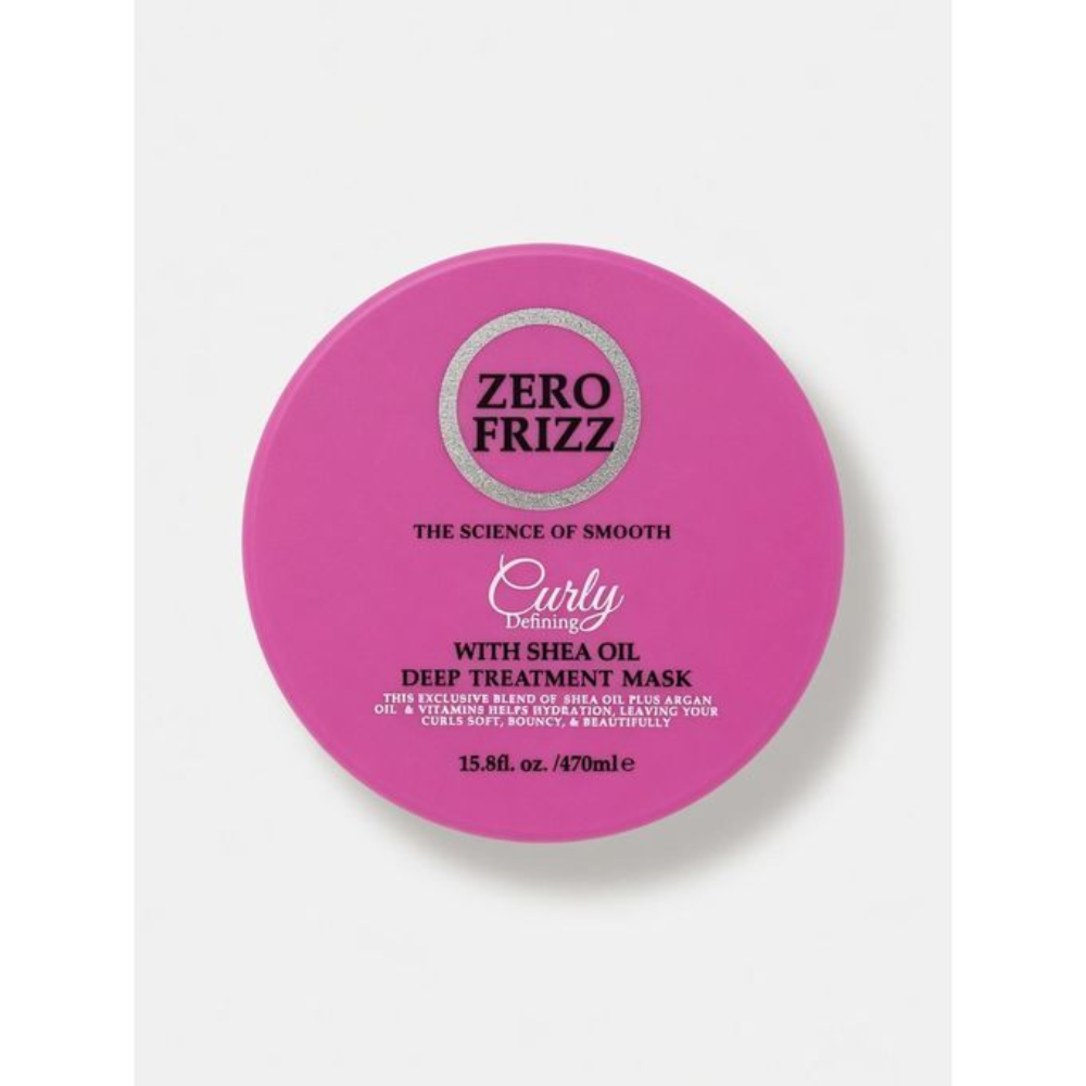 Zero Frizz Curly Defining Shea Oil Hair Mask in 470ml jar, showcasing smooth, curly hair with shiny, healthy curls.