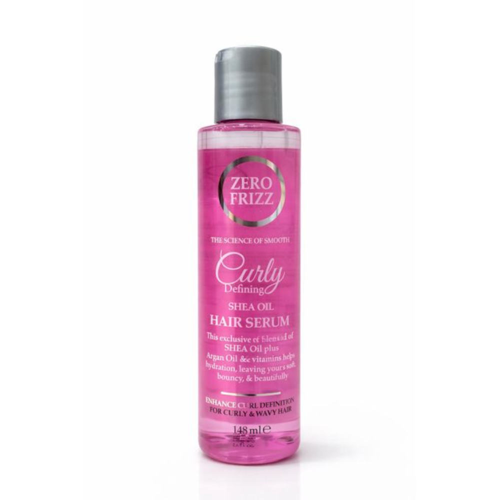 Zero Frizz Curly Defining Shea Oil Hair Serum 148ml bottle with pump, designed to reduce frizz and enhance curly hair shine.