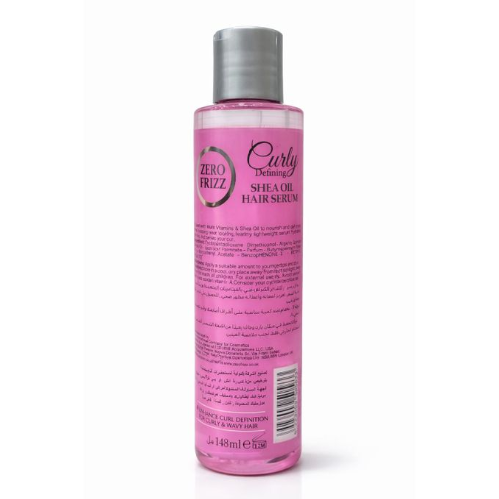 Zero Frizz Curly Defining Shea Oil Hair Serum bottle showing glossy 148ml container for frizz control and curl definition.